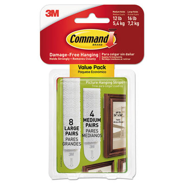 Command™ Picture Hanging Strips, Value Pack, Removable, (8) Large 0.63 X 3.63 Pairs, (4) Medium 0.5 X 2.75 Pairs, White freeshipping - TVN Wholesale